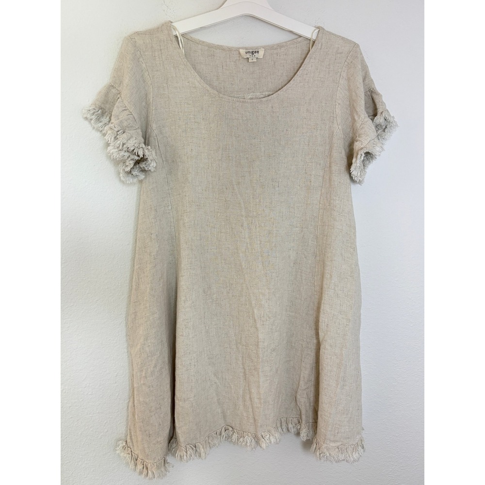 Umgee USA Womens Large Linen Blend Fringed Shift Dress Oatmeal Beige Pockets